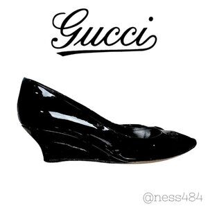 Gucci Black Patent Leather Peep Toe Pumps/Wedges Size EU 37.5/7.5 US